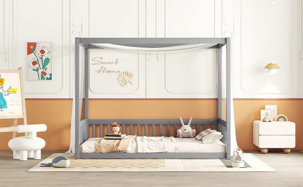 Twin Size Canopy Frame Floor Bed With Fence, Guardrails - Gray