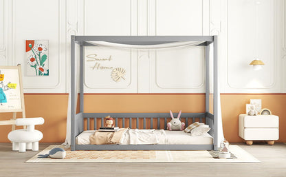 Twin Size Canopy Frame Floor Bed With Fence, Guardrails - Gray