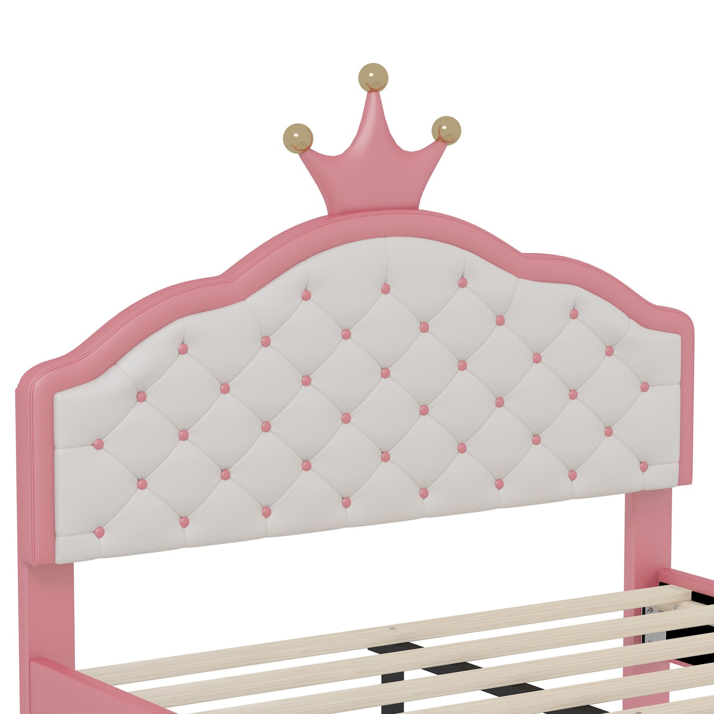 Full Size Lovely Crown Fantasy Leather Princess Bed With Tufted Headboard - Pink / Cream