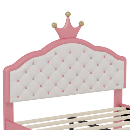 Full Size Lovely Crown Fantasy Leather Princess Bed With Tufted Headboard - Pink / Cream