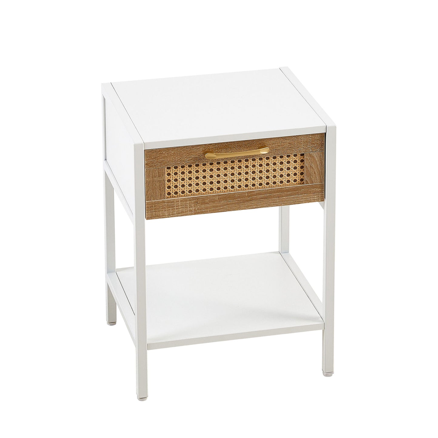 15.74" Rattan End Table With Drawer, Modern Nightstand, Metal Legs, Side Table For Living Room, Bedroom - White