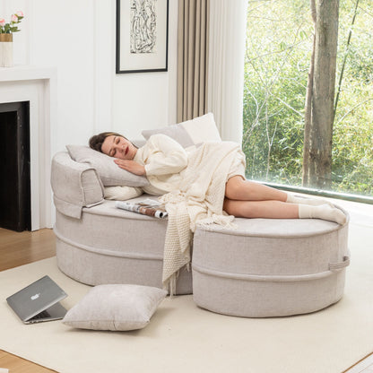 Modern Oversized Round Barrel Accent Chair With Ottoman - Velvet Upholstered Lounge Armchair With 5 Pillows For Living Room Or Bedroom - Gray