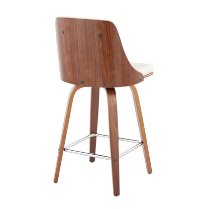 Gianna - Mid-Century Modern Fixed Height Counter Stool With Swivel With Square Footrest (Set of 2) - Walnut / Light Cream