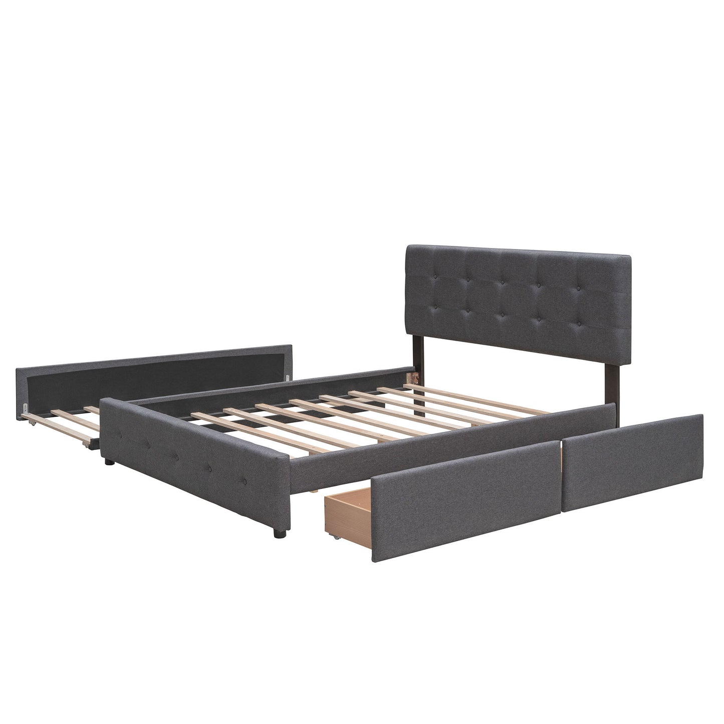 Queen Size Upholstered Platform Bed With 2 Drawers And 1 Twin Long Trundle - Dark Gray