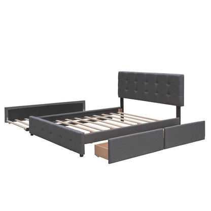 Queen Size Upholstered Platform Bed With 2 Drawers And 1 Twin Long Trundle - Dark Gray