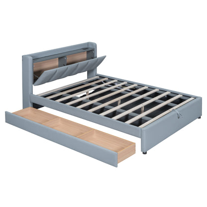 Queen & Twin Long Size Upholstered Platform Bed, Mother & Child Bed With Hydraulic Storage System, Drawer Box, Bedhead Storage Shelf And 2 Pairs Of Sockets & USB Ports - Gray