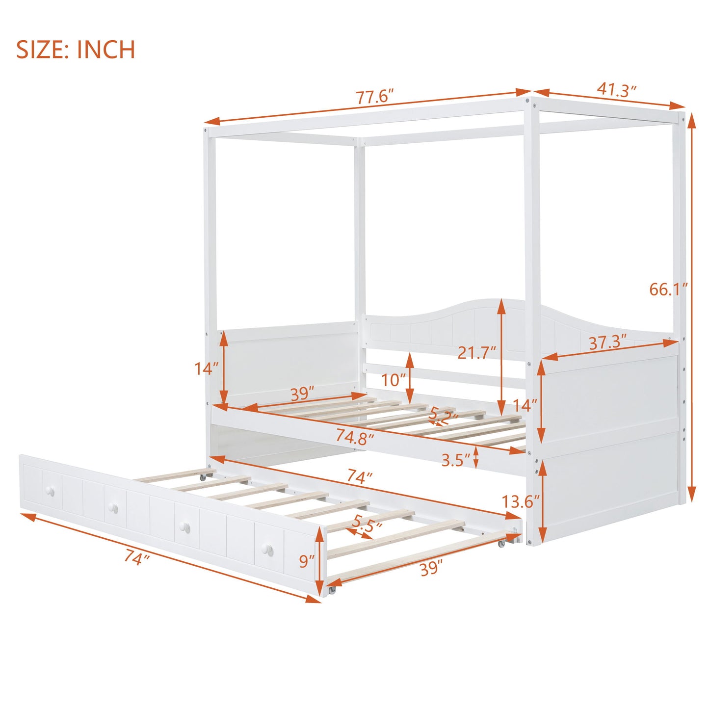 Twin Size Canopy Day Bed With Twin Size Trundle - White