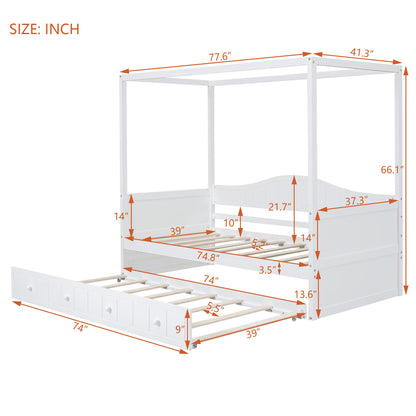Twin Size Canopy Day Bed With Twin Size Trundle - White