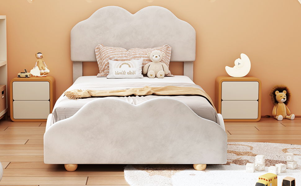 Twin Size Upholstered Platform Bed With Cloud Shaped Board - Beige