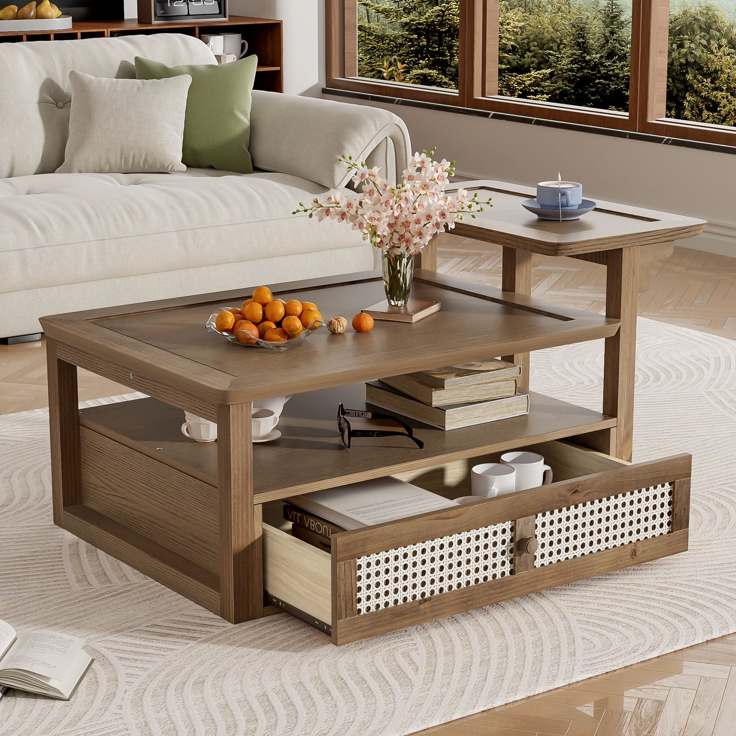 Modern Coffee Table, Coffee Table With 1 Storage Shelf, 2 Tabletops And 1 Rattan Drawer For Living Room - Dark Brown