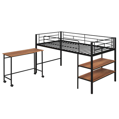 Twin Size Loft Bed With Desk And Shelves - Black