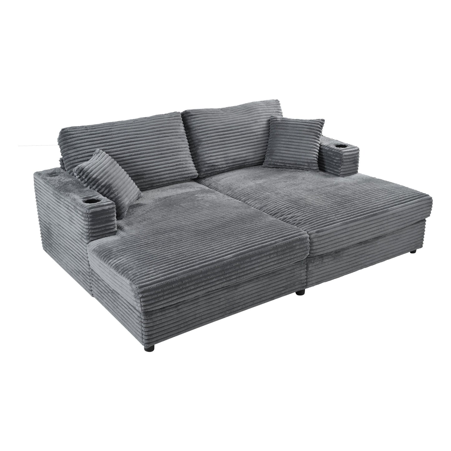Oversized Loveseat Chaise Lounge Sectional Sofa Bed Corduroy Sleeper Sofa With 2 USB Ports, 2 Cup Holders And 2 Throw Pillows For Living Room And Bedroom - Dark Gray