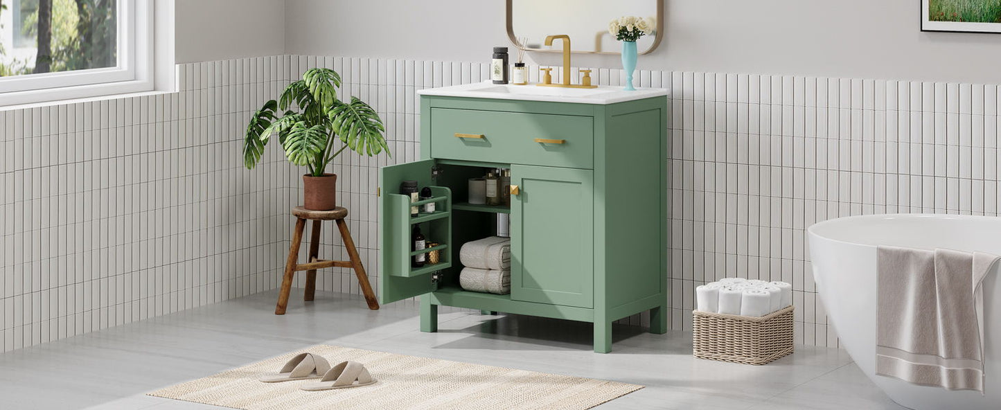 Bathroom Vanity With Ceramic Sink, Modern Single Bathroom Cabinet With 2 Doors And A Shelf, Soft Close Doors - Green