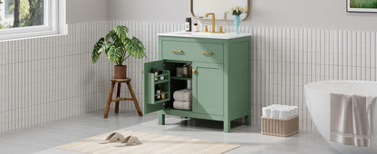 Bathroom Vanity With Ceramic Sink, Modern Single Bathroom Cabinet With 2 Doors And A Shelf, Soft Close Doors - Green