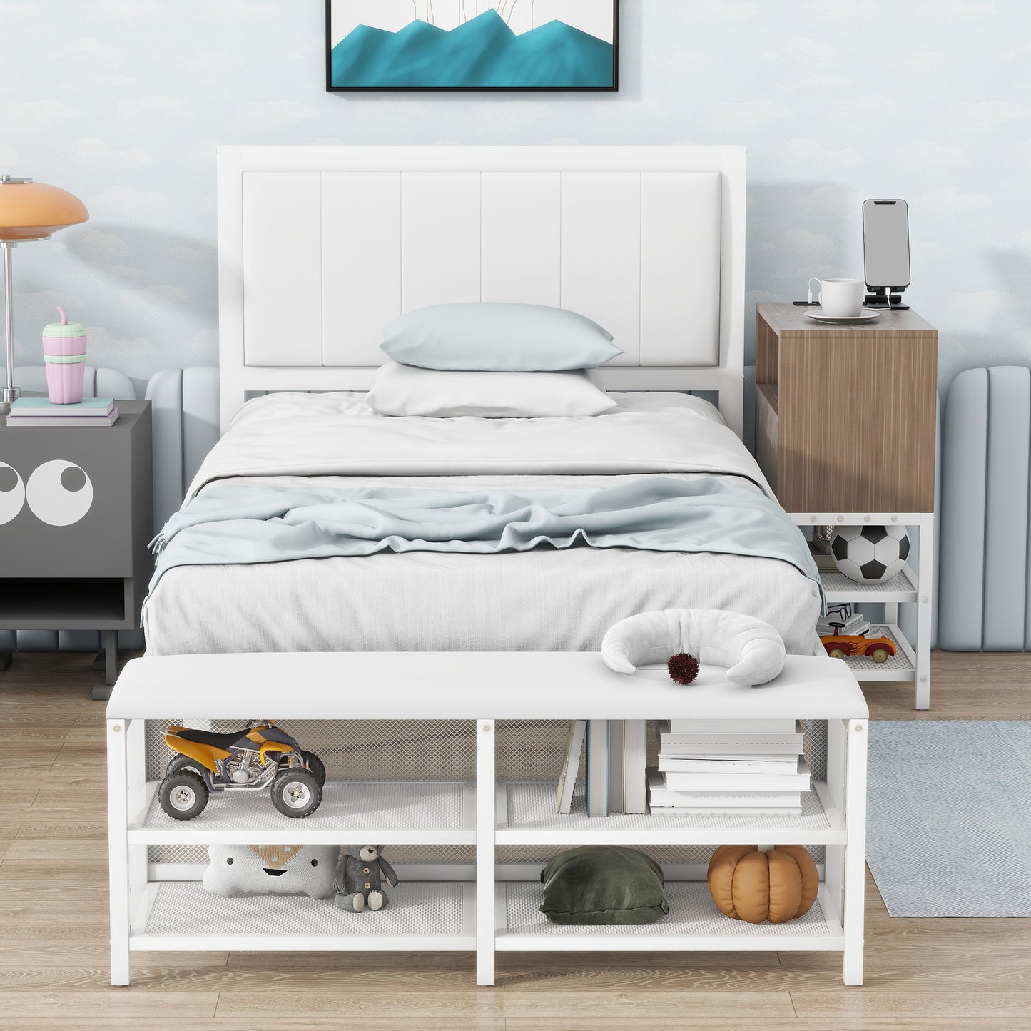 Twin Size Platform Bed With 2 Tier Storage Shelves, Storage Cabinet - White