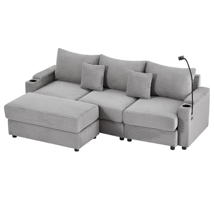Modern Style 3 - Seater Sofa Sectional Sofa Couch With Storage Space, A Movable Ottoman, Two USB Ports, Two Cup Holders, A Phone Holder For Living Room - Gray
