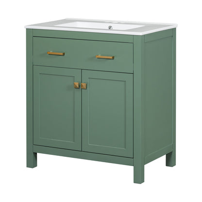 Bathroom Vanity With Ceramic Sink, Modern Single Bathroom Cabinet With 2 Doors And A Shelf, Soft Close Doors - Green