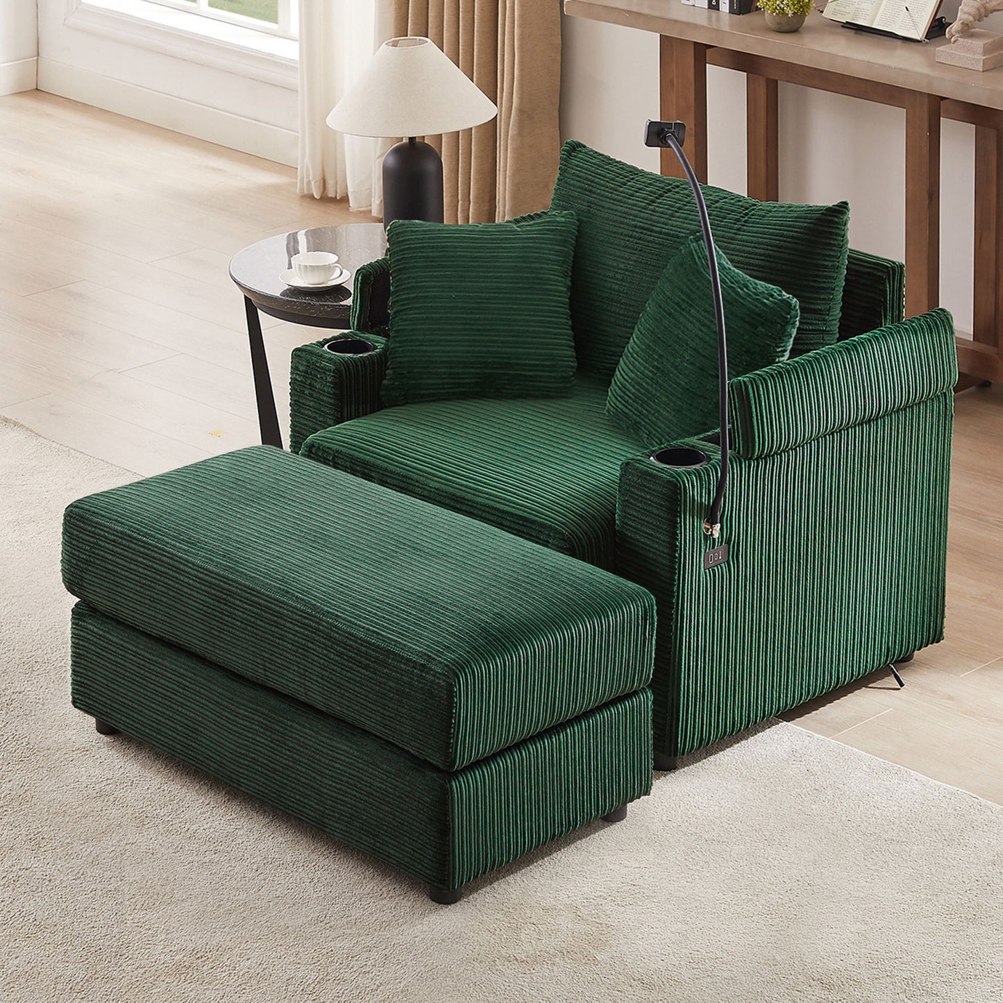 Modern Style Single Sofa Sofa Couch With Storage Space, A Movable Ottoman, Two USB Ports, Two Cup Holders, A Phone Holder For Living Room - Green