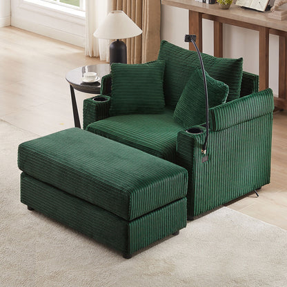 Modern Style Single Sofa Sofa Couch With Storage Space, A Movable Ottoman, Two USB Ports, Two Cup Holders, A Phone Holder For Living Room - Green