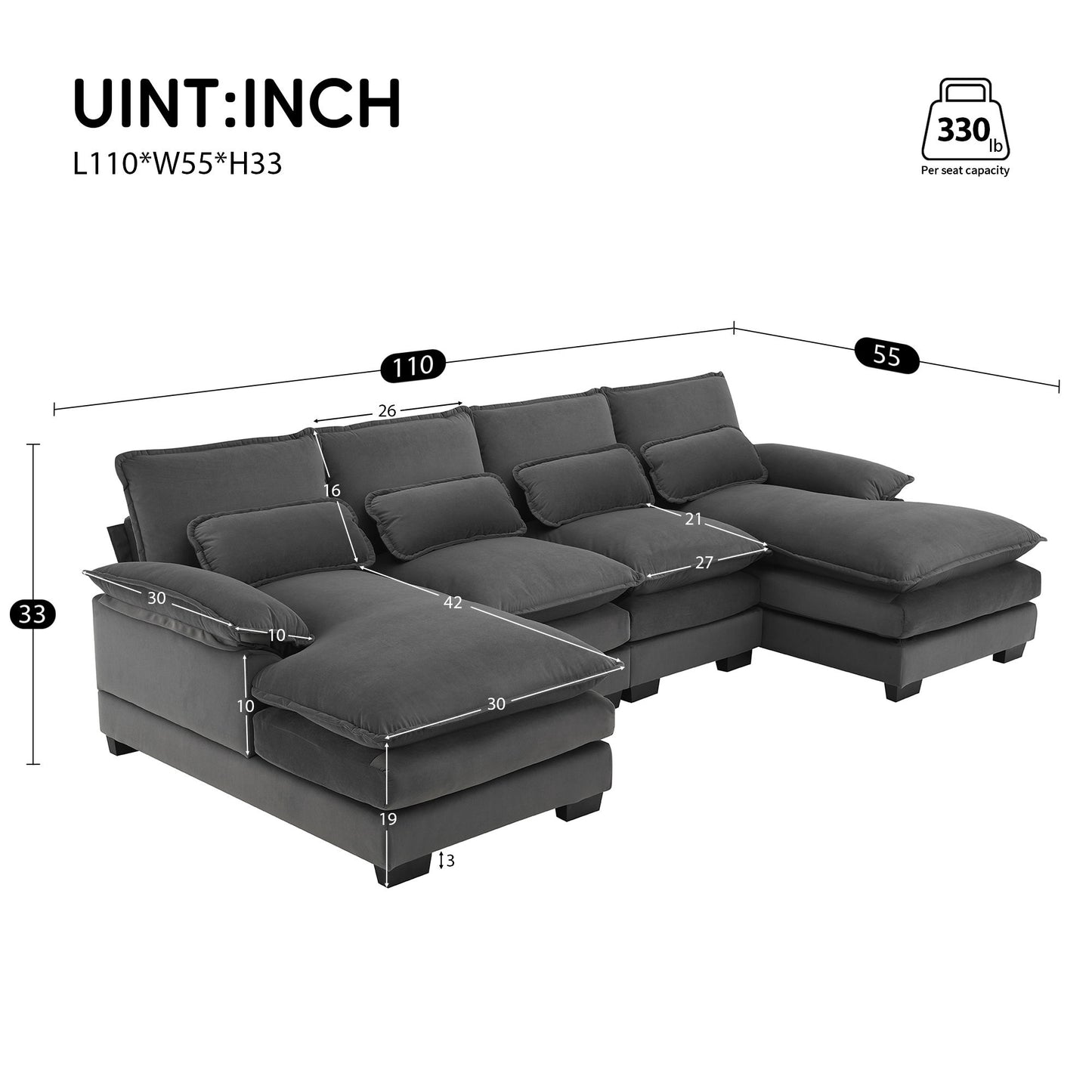 Modern U-Shaped Sectional Sofa With Waist Pillows, 6 Seat Upholstered Symmetrical Sofa Furniture, Sleeper Sofa Couch With Chaise Lounge - Gray