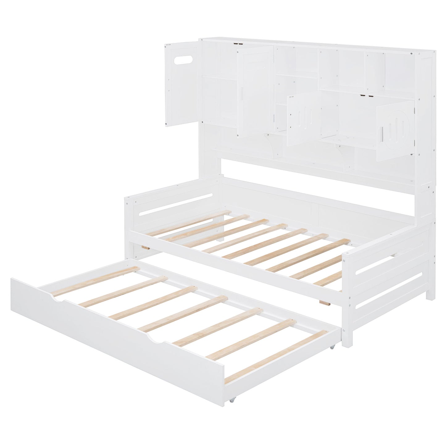Twin Size Wooden Daybed With Twin Size Trundle, And All In One Cabinet And Shelf - White