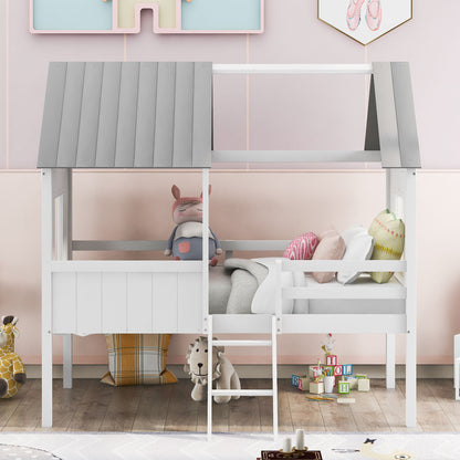Twin Size Low Loft House Bed With Two Side Windows - White / Gray