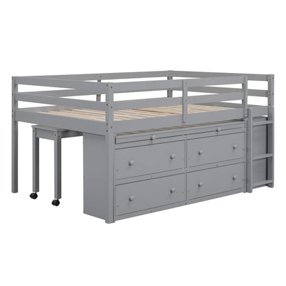 Full Size Loft Bed With Retractable Writing Desk And 4 Drawers, With Lateral Portable Desk And Shelves - Gray