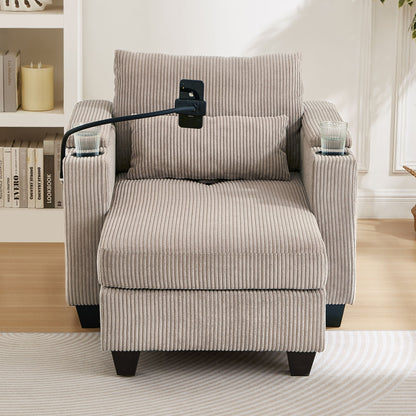 Convertible Chaise Lounge Sofa Chair With USB Ports, Cup Holders, Phone Holder, Storage - Brown