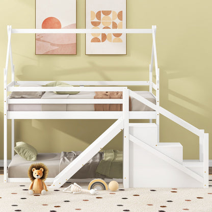 Twin Over Twin House Loft Or Bunk Bed With Slide And Staircase - White