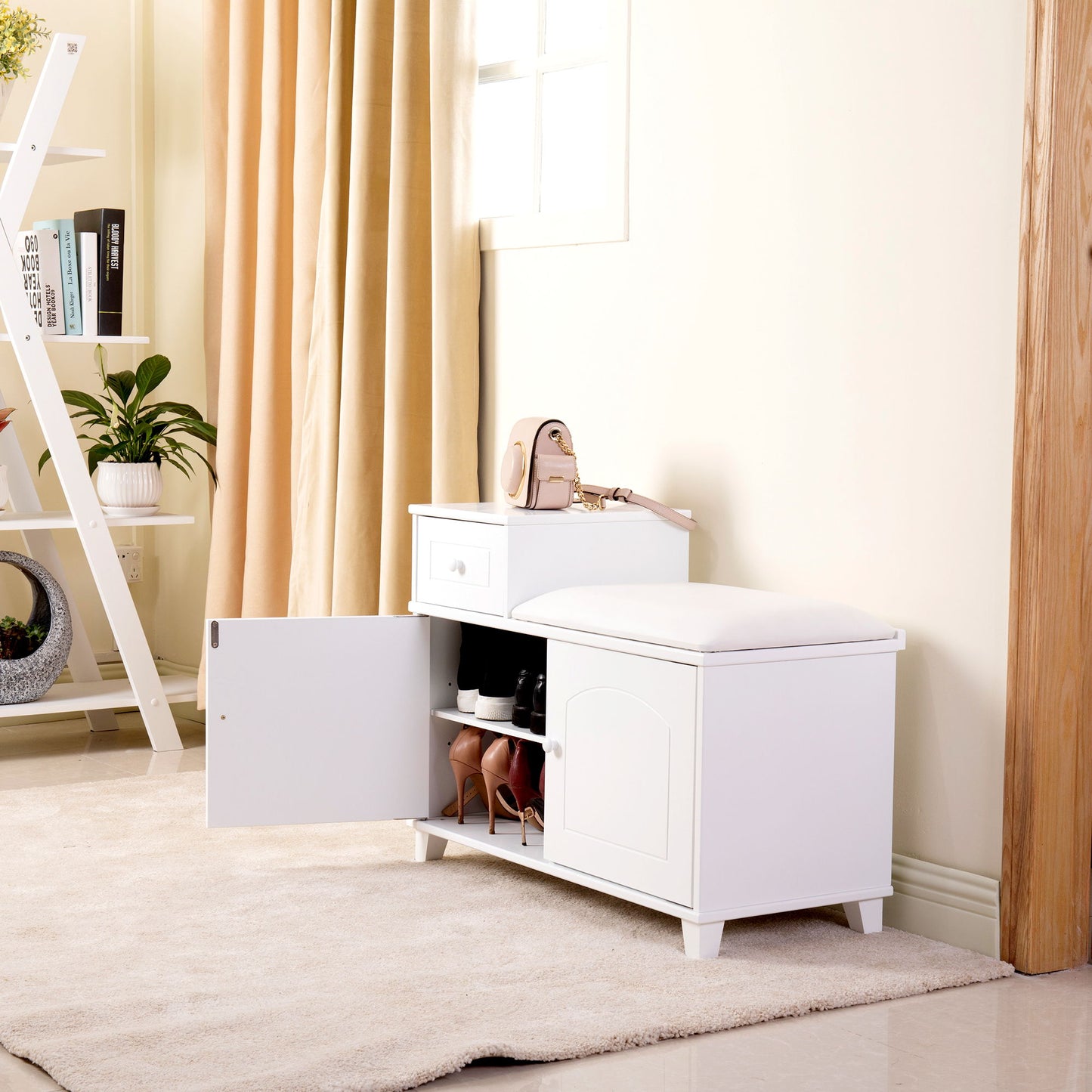 Shoe Storage Bench Cabinet With Fireproof Cushion, Double Doors And Movable Drawer For Door Entrance - White