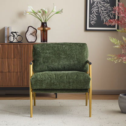 Modern Accent Chair With Plush Cushions, Minimalist Metal Frame, & Wooden Armrest Design - Gold / Green