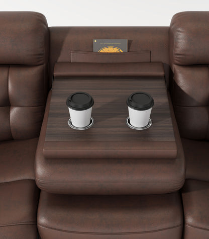 Genuine Leather Non-Power Reclining Sofa With Drop Down Table, Stainless Steel Cupholders And Magazine Bag - Brown