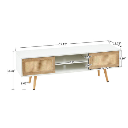 55.12" Rattan TV Cabinet, Double Sliding Doors For Storage, Adjustable Shelf, Solid Wood Legs, TV Console For Living Room - White