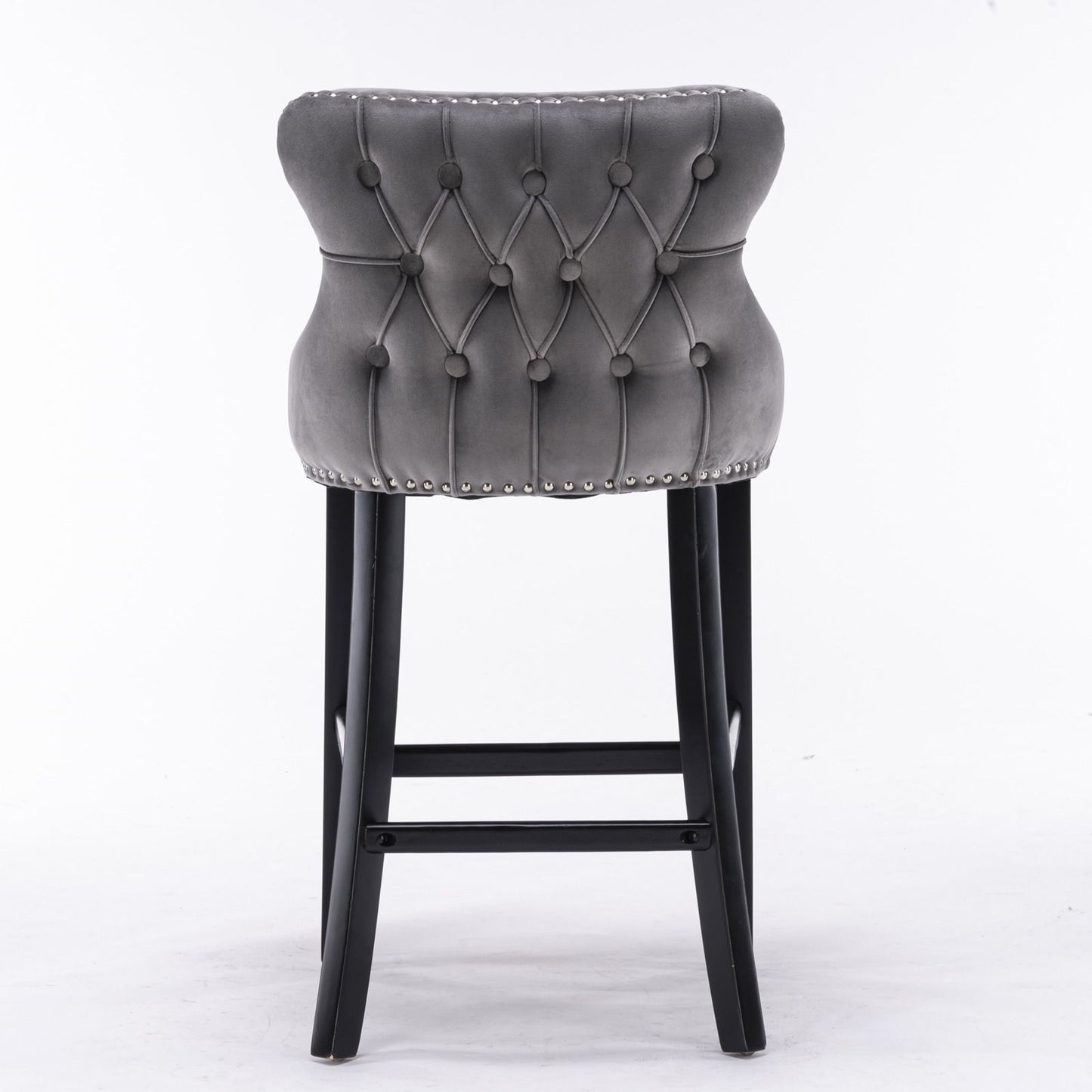 Contemporary Velvet Upholstered Wing-Back Barstools With Button Tufted Decoration And Wooden Legs, And Chrome Nailhead Trim, Leisure Style Bar Chairs, Bar Stools (Set of 4) - Gray