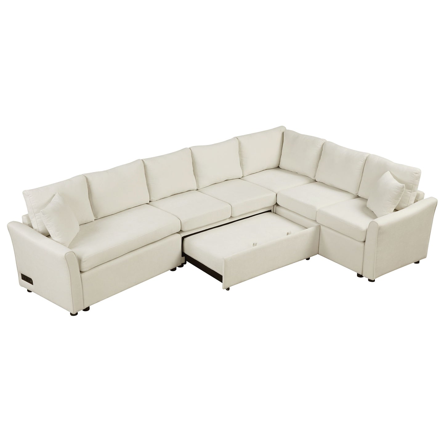 L-Shaped Sofa Convertible Sofa Bed Pull Out Sofa Sleeper With Two Back Pillows, Two USB Ports And Two Power Sockets For Living Room - Beige