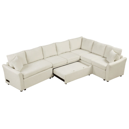 L-Shaped Sofa Convertible Sofa Bed Pull Out Sofa Sleeper With Two Back Pillows, Two USB Ports And Two Power Sockets For Living Room - Beige