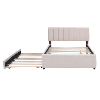 Full Size Upholstered Platform Bed With Twin Size Trundle - Beige