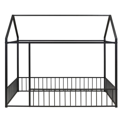 Full Size Bed House Bed Frame With Fence - Black
