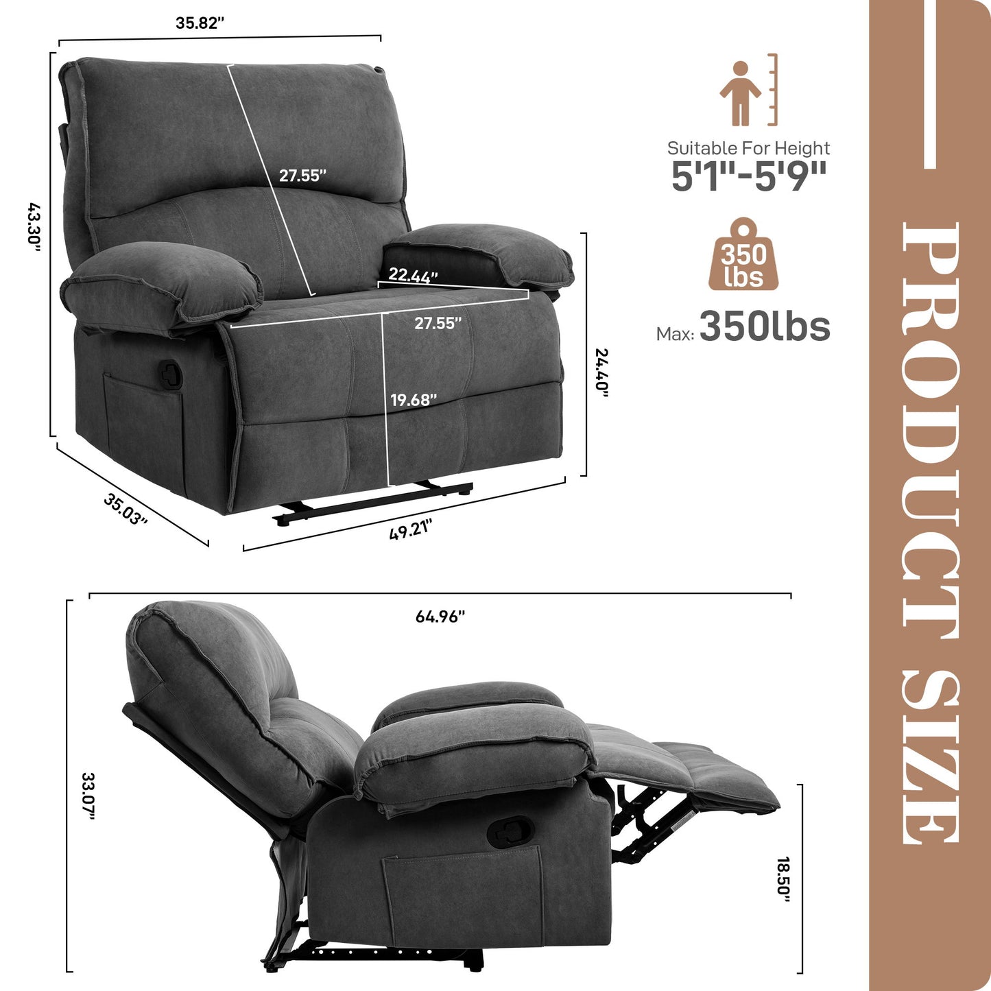 Oversized Manual Recliner Chair Sofa For Living Room - Gray