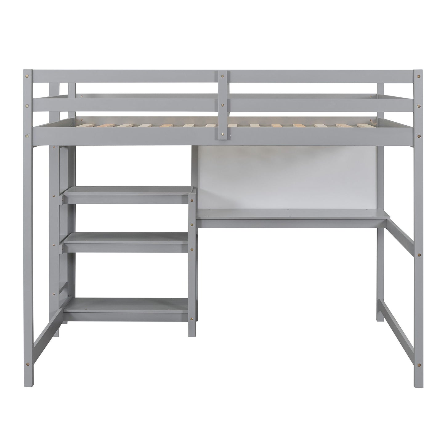 Full Size Loft Bed With Shelves, Desk And Writing Board - Gray