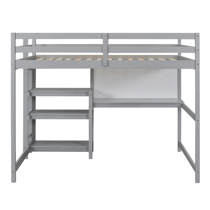 Full Size Loft Bed With Shelves, Desk And Writing Board - Gray