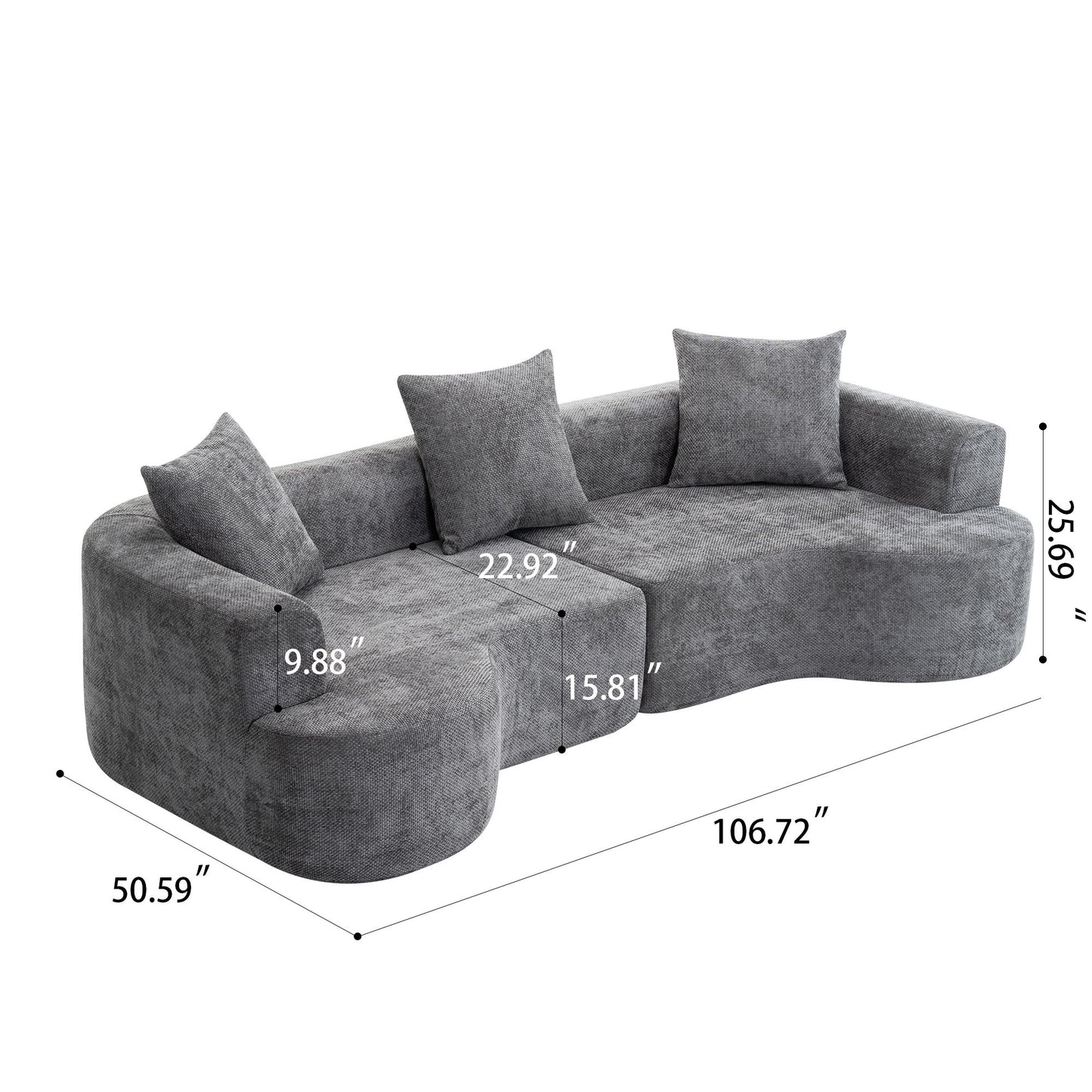 Modern Style Curved Sofa, Soft Cushioned Corduroy Sofa With 3 Pillows, Living Room Super Smooth Curved Fabric Sofa - Gray