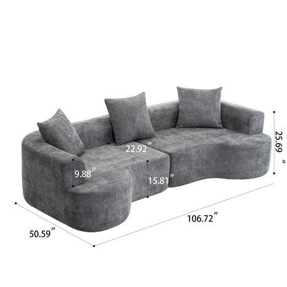 Modern Style Curved Sofa, Soft Cushioned Corduroy Sofa With 3 Pillows, Living Room Super Smooth Curved Fabric Sofa - Gray