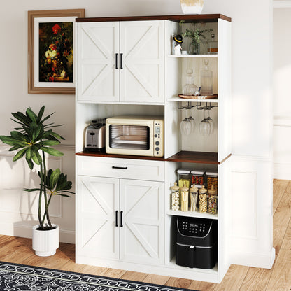 Farmhouse Kitchen Pantry Sideboard With Cabinet And Drawer, Multi Functional Kitchen Buffet With Hutch And Glass Holder, Microwave Stand With Charging Station - Brown / Antique White