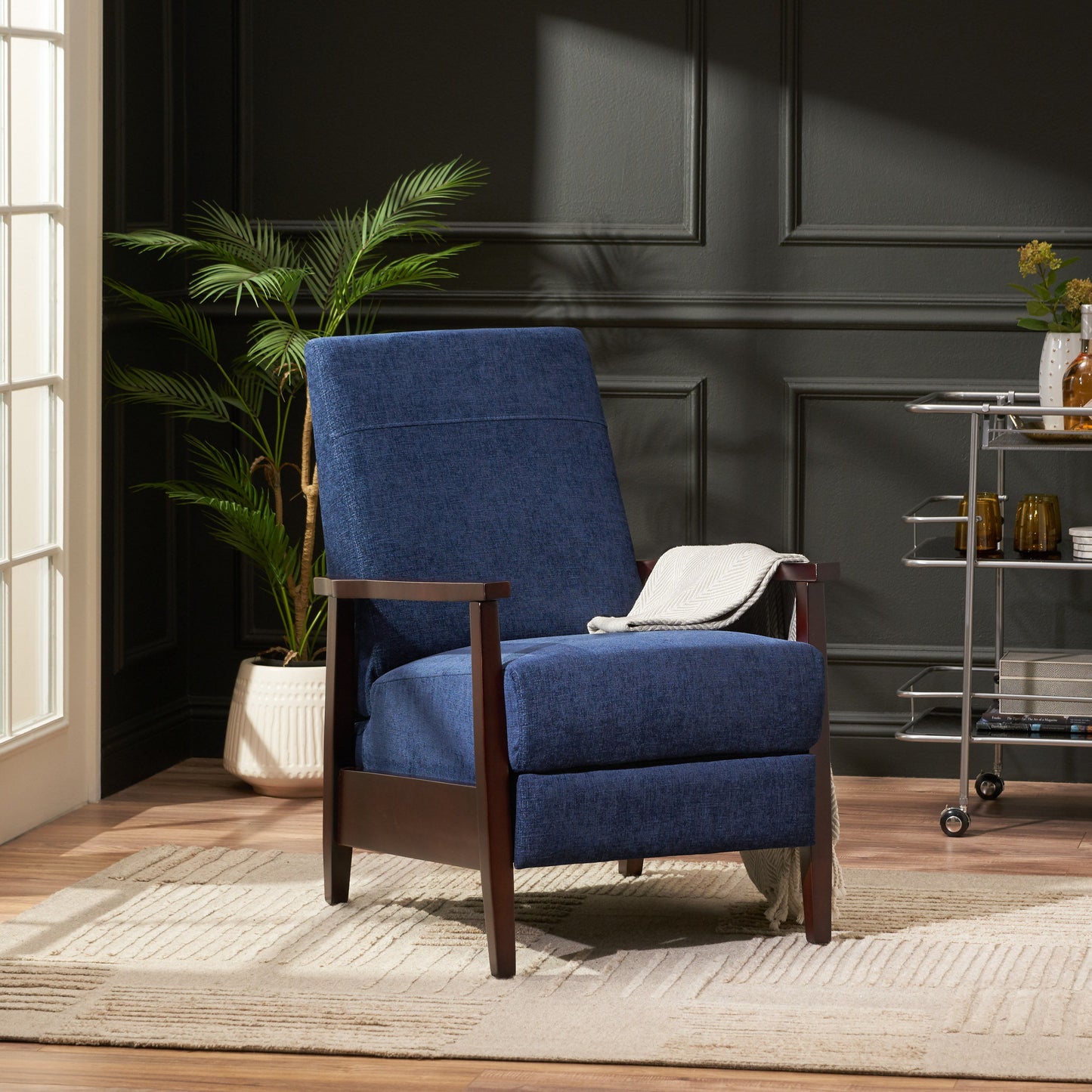 Wide Wood Hand Manual Club Recliner - Navy Blue