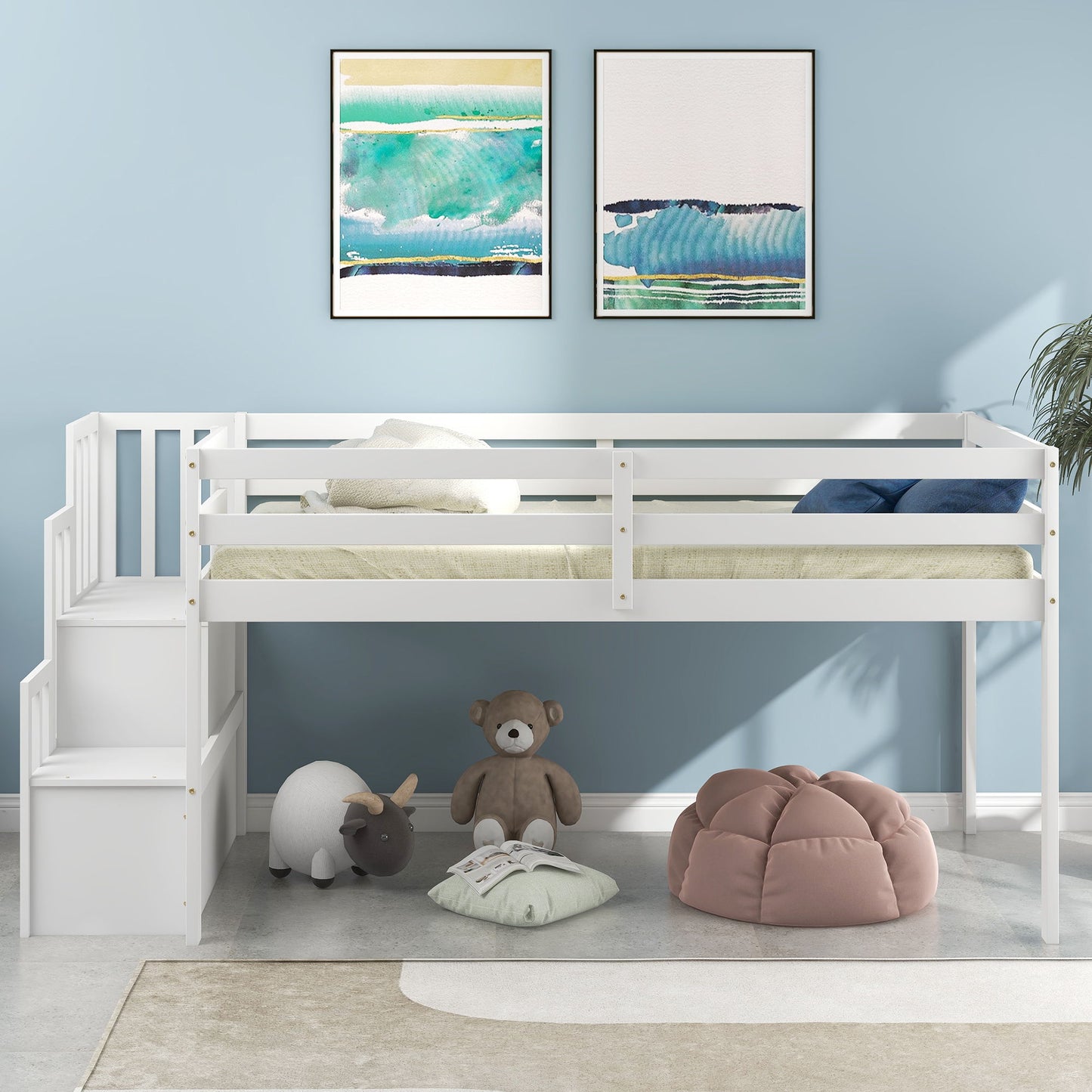 Loft Bed With Staircase - White