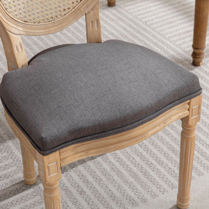 French Style Solid Wood Frame Antique Painting Linen Fabric Rattan Back Dining Chair (Set of 2) - Gray