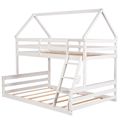 Twin Over Full House Bunk Bed With Built-In Ladder - White