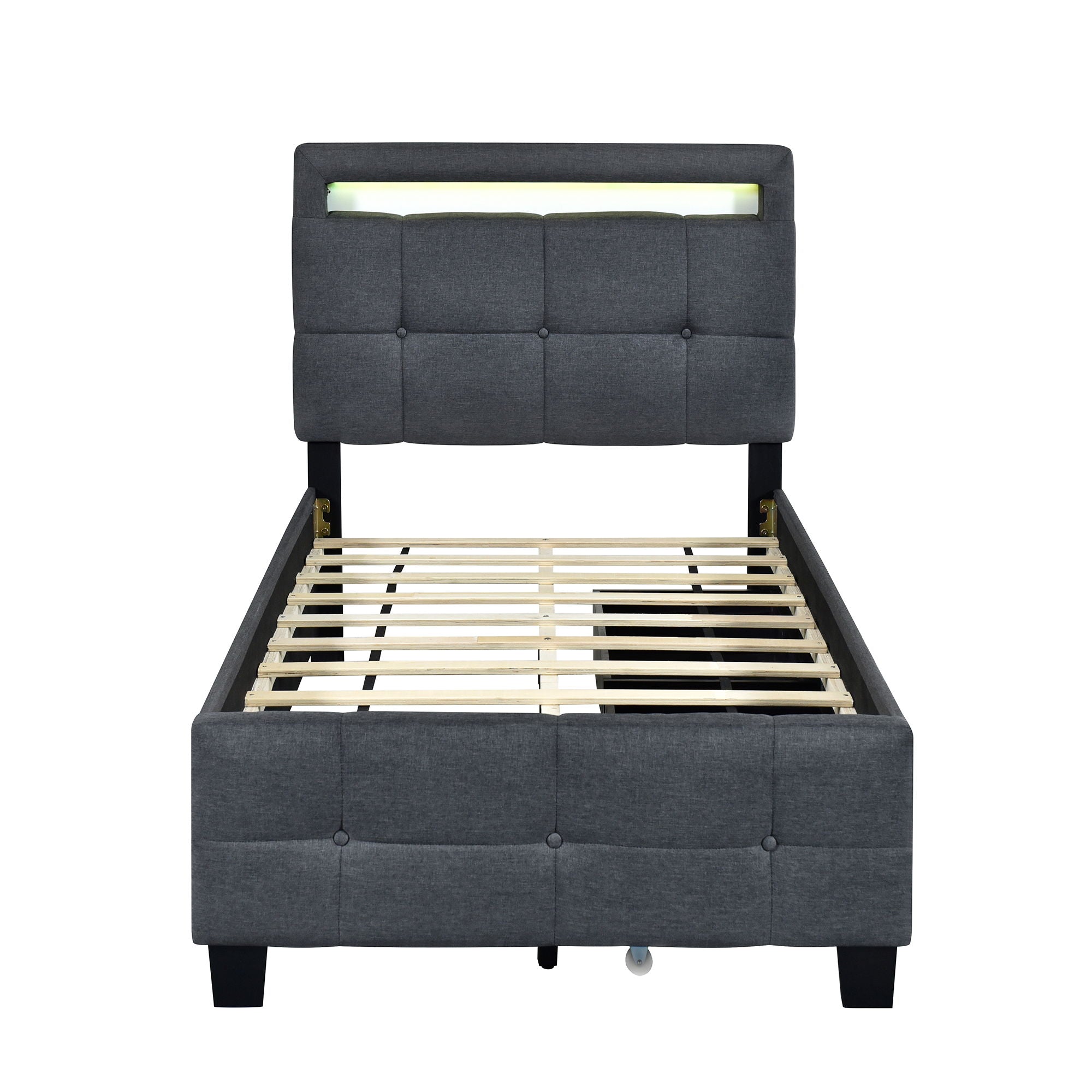 Twin Size Upholstered Platform Bed With LED Frame And 2 Drawers - Gray