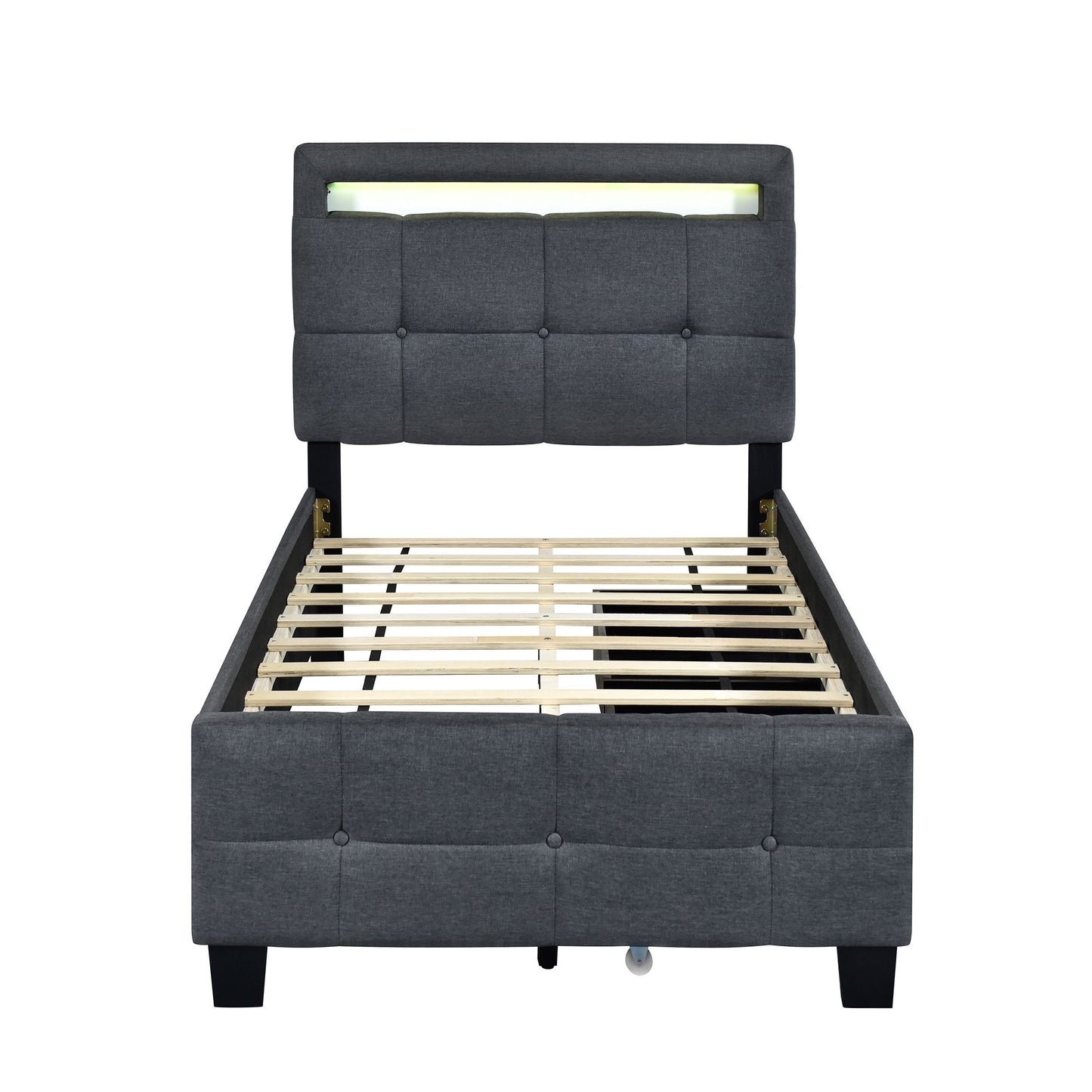 Twin Size Upholstered Platform Bed With LED Frame And 2 Drawers - Gray